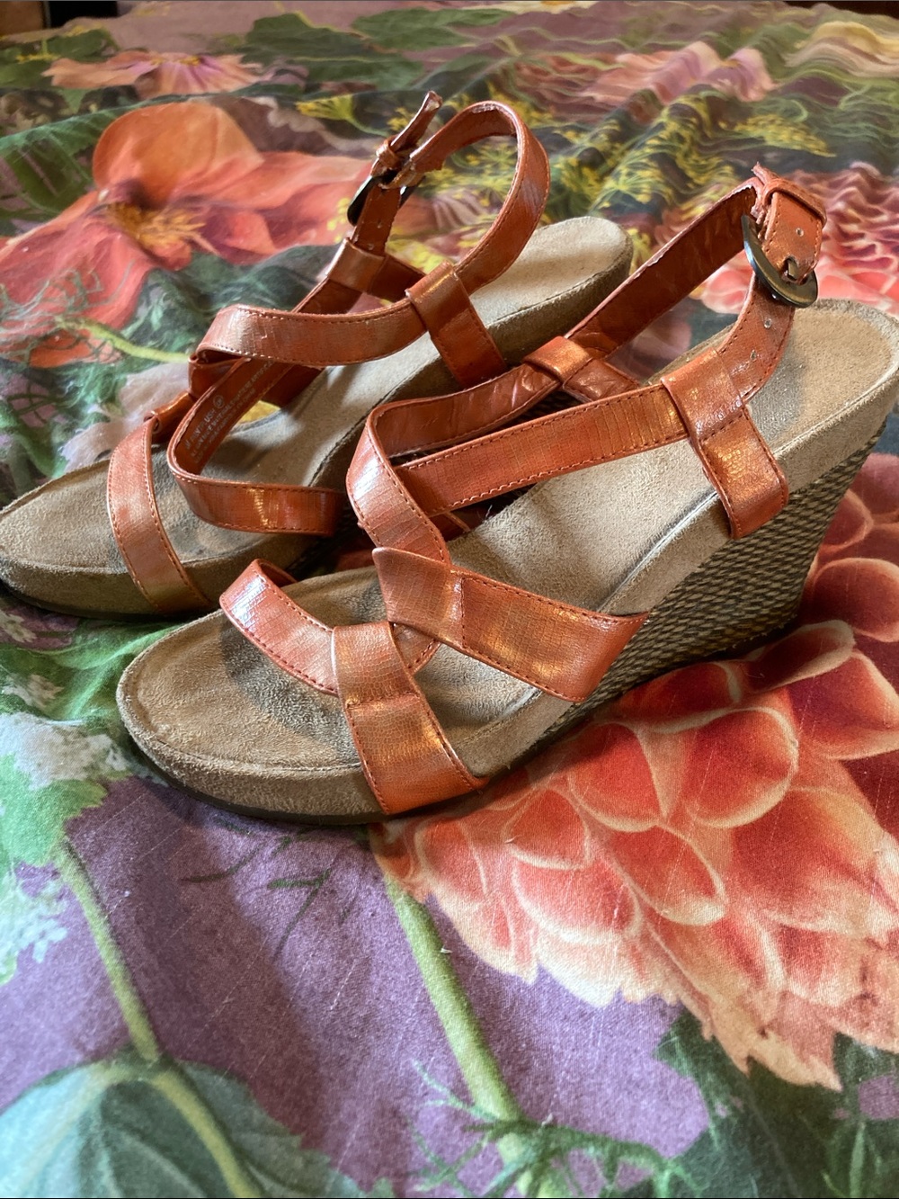 Women's Strappy Wedge Sandals in Metallic Orange